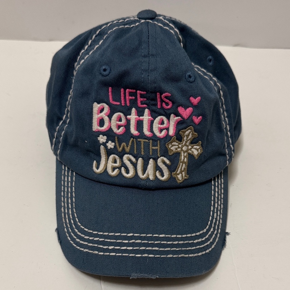 Life Is Better With Jesus Embroidered Women Distressed Cap - Blue
